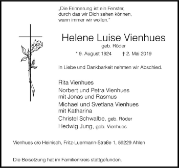 Anzeige von Helene Luise Vienhues von Westfälische Nachrichten